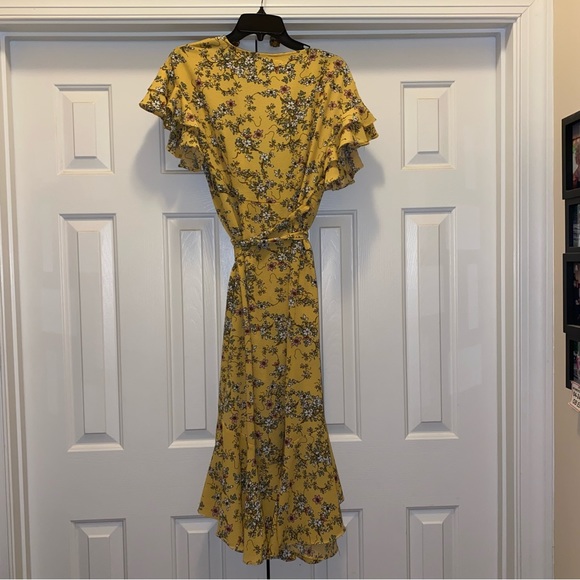 Max Studio High/Low Yellow Floral Ruffle Crepe Wrap Dress S - Picture 5 of 8